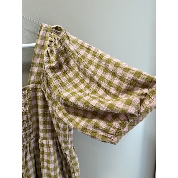 Madewell L Babydoll Gingham Dress Puff Sleeve Elastic Back Pink/Olive Green - Picture 3 of 8